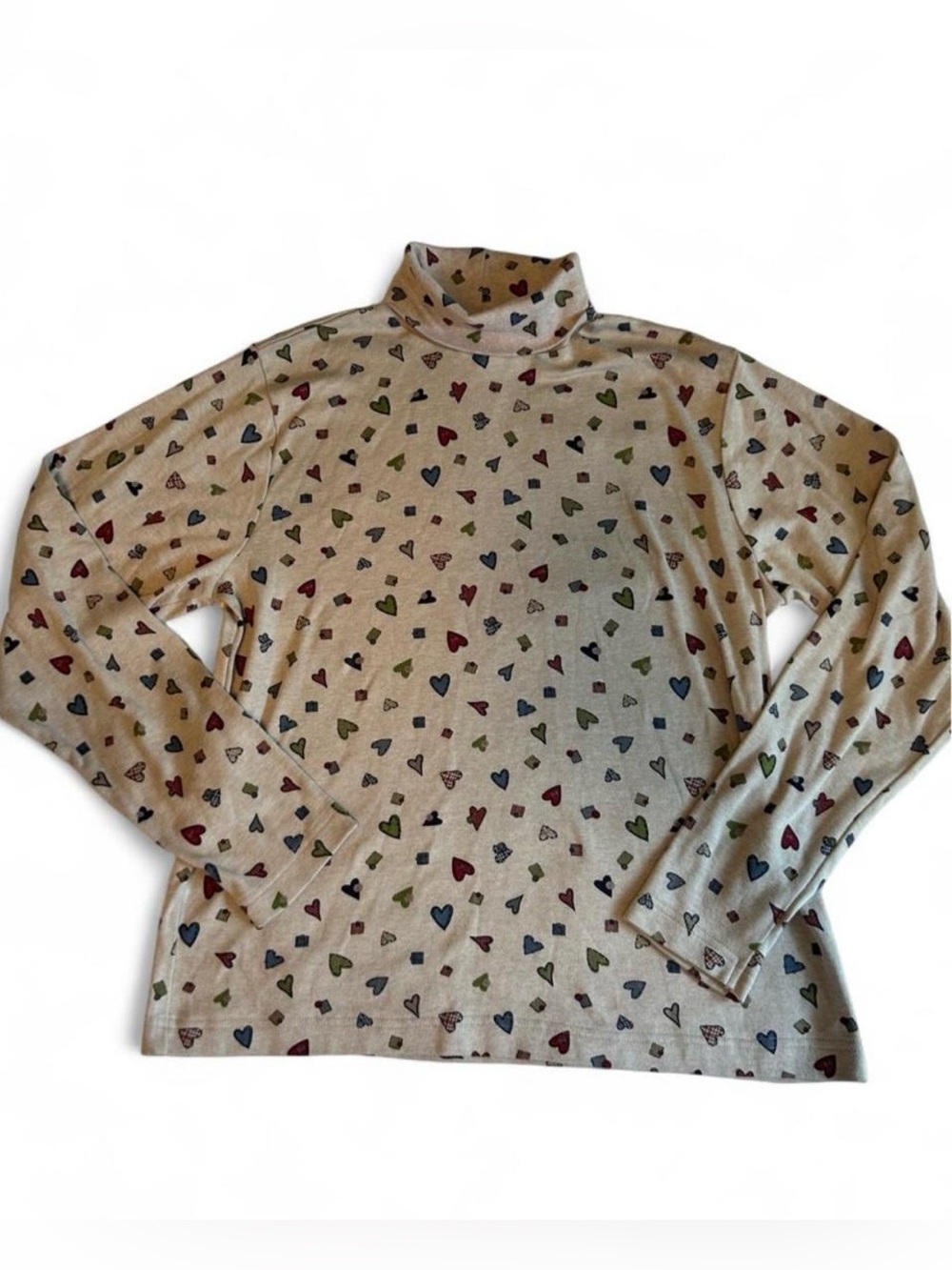 Falls Creek Taupe Turtleneck Sweater with Multicolor Heart Print